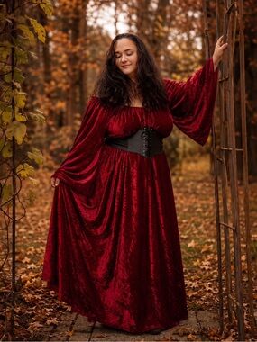 Handmade Crushed Velvet Off Shoulder Maxi Dress | Bell Sleeve medieval red dress